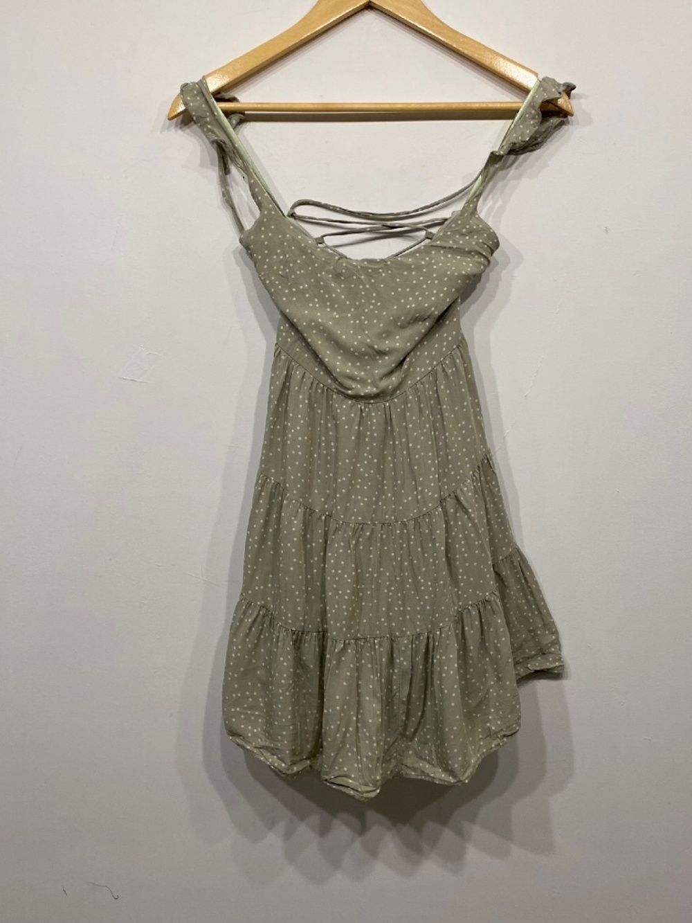 Selfie Leslie Allegra Coquette Fluted Hem Lace-Up Back Dress Polka Dot Green - Picture 3 of 5